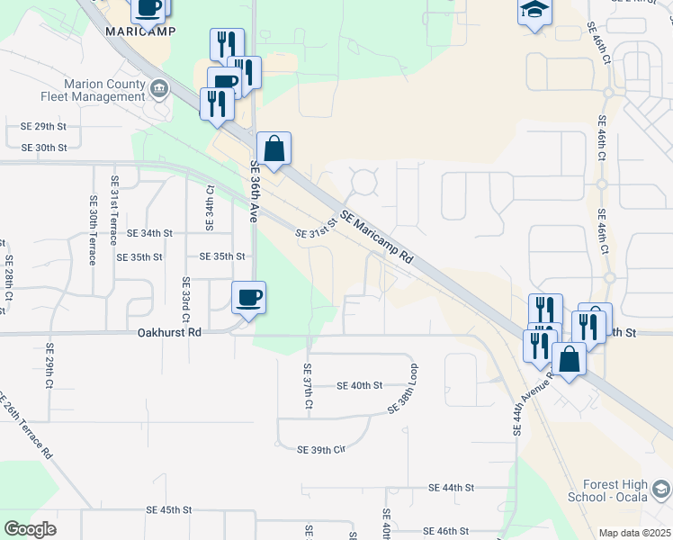 map of restaurants, bars, coffee shops, grocery stores, and more near 3751 Southeast 38th Street in Ocala