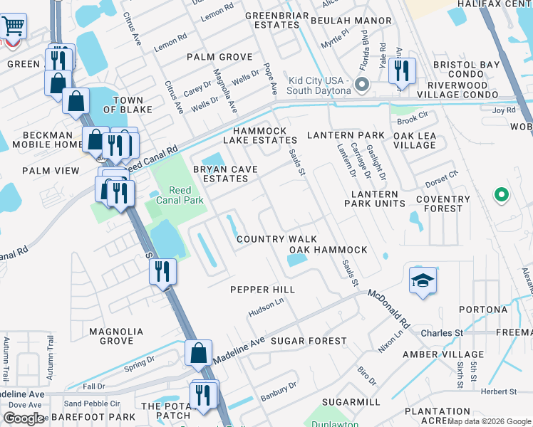 map of restaurants, bars, coffee shops, grocery stores, and more near 3431 Country Walk Drive in Port Orange