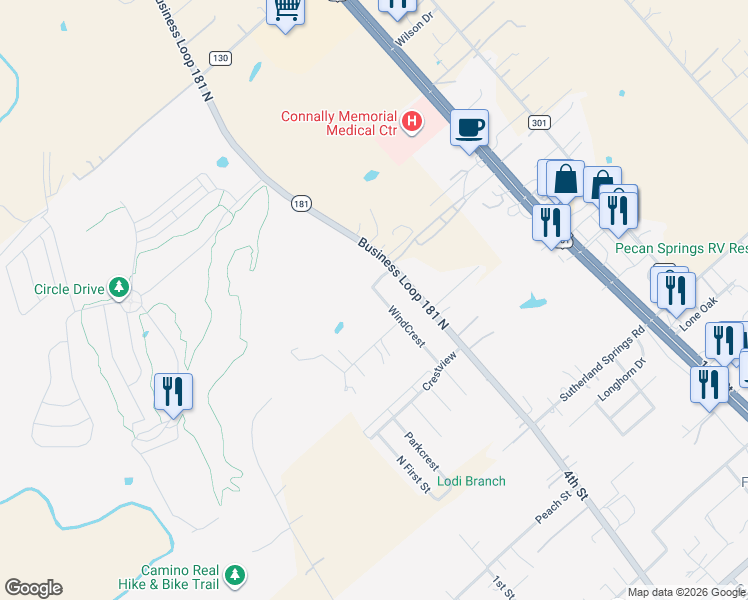 map of restaurants, bars, coffee shops, grocery stores, and more near 214 WindCrest in Floresville