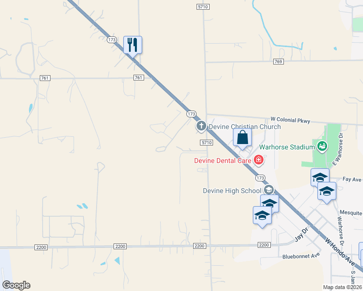 map of restaurants, bars, coffee shops, grocery stores, and more near 1445 County Road 5710 in Devine