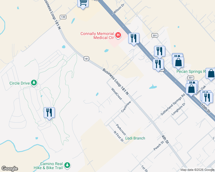 map of restaurants, bars, coffee shops, grocery stores, and more near 214 WindCrest in Floresville