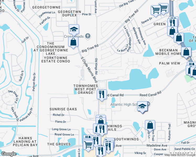 map of restaurants, bars, coffee shops, grocery stores, and more near 3615 South Clyde Morris Boulevard in Port Orange