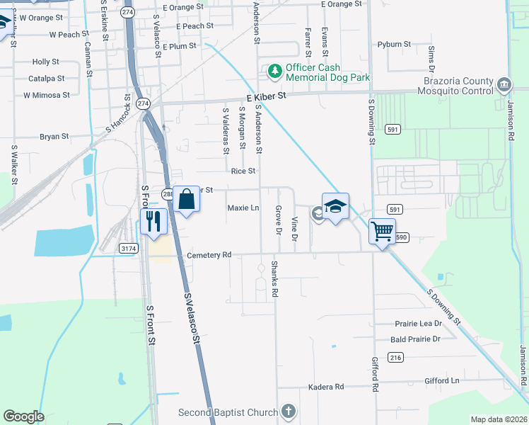 map of restaurants, bars, coffee shops, grocery stores, and more near 1035 South Anderson Street in Angleton