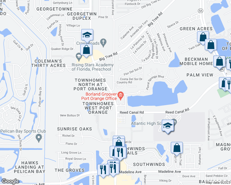 map of restaurants, bars, coffee shops, grocery stores, and more near 3615 South Clyde Morris Boulevard in Port Orange