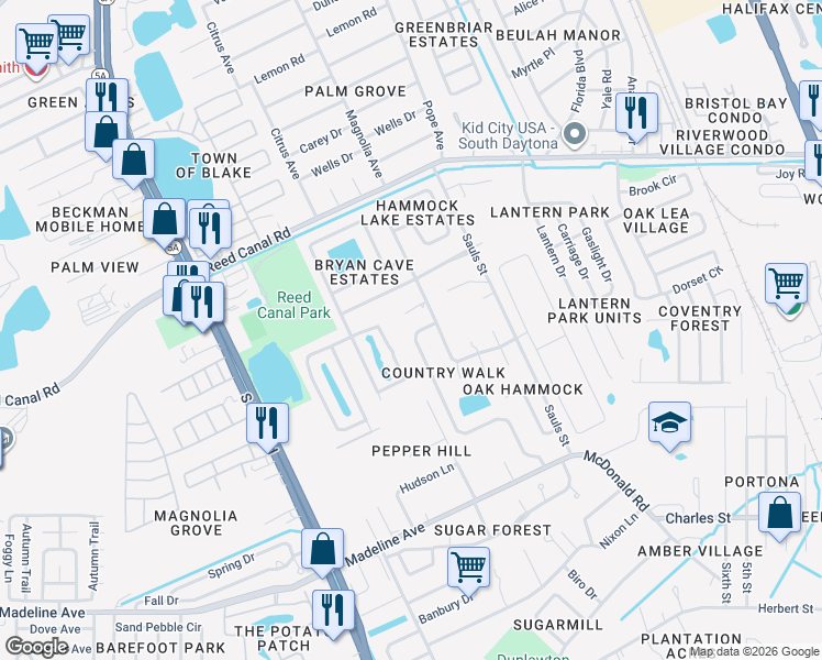 map of restaurants, bars, coffee shops, grocery stores, and more near 3431 Country Walk Drive in Port Orange