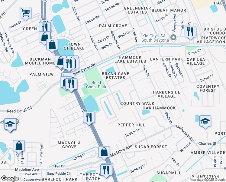map of restaurants, bars, coffee shops, grocery stores, and more near 50 Old Sunbeam Drive in South Daytona