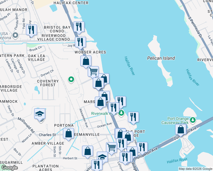 map of restaurants, bars, coffee shops, grocery stores, and more near 3131 South Ridgewood Avenue in South Daytona