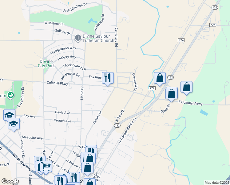 map of restaurants, bars, coffee shops, grocery stores, and more near 291 West Colonial Parkway in Devine