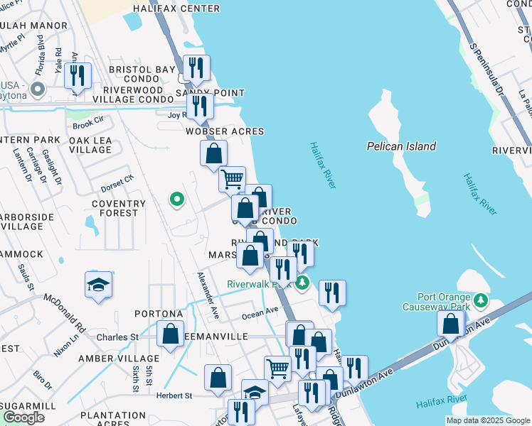 map of restaurants, bars, coffee shops, grocery stores, and more near 3131 South Ridgewood Avenue in South Daytona