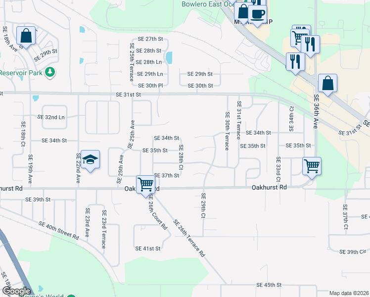 map of restaurants, bars, coffee shops, grocery stores, and more near 2840 Southeast 35th Street in Ocala