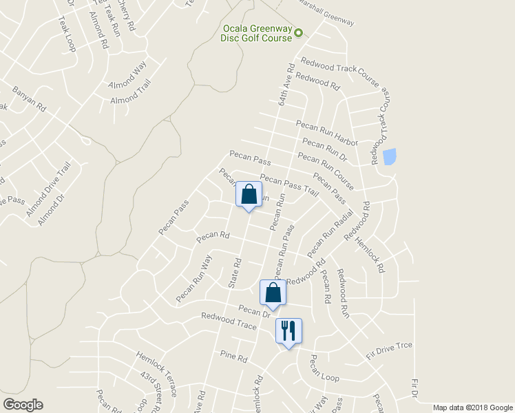 map of restaurants, bars, coffee shops, grocery stores, and more near 18 Pecan Pass Terrace in Ocala