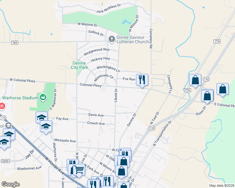 map of restaurants, bars, coffee shops, grocery stores, and more near 1300 Libold Drive in Devine
