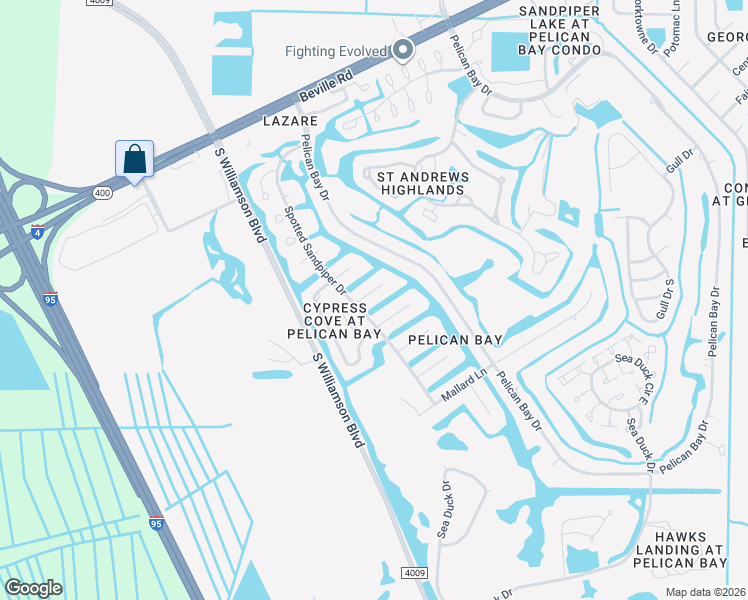 map of restaurants, bars, coffee shops, grocery stores, and more near 105 Wood Ibis Court in Daytona Beach