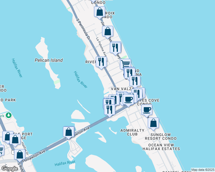 map of restaurants, bars, coffee shops, grocery stores, and more near 3336 Shamrock Drive in Port Orange