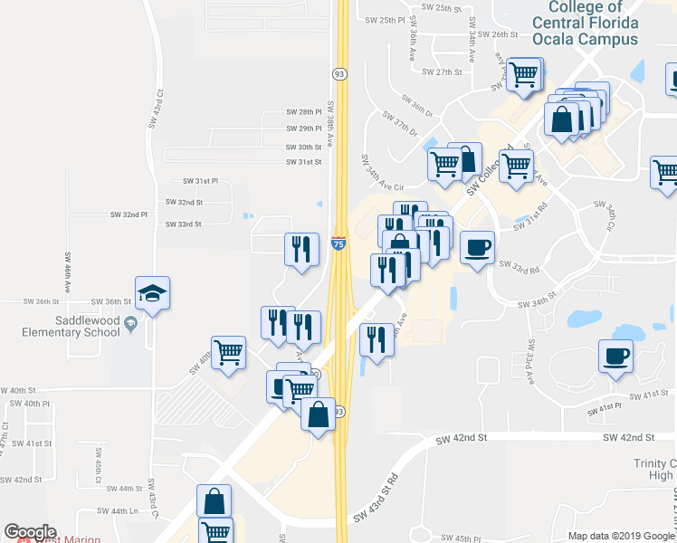 map of restaurants, bars, coffee shops, grocery stores, and more near Highway 93 in Ocala