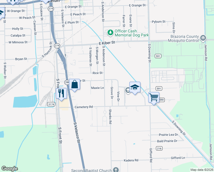 map of restaurants, bars, coffee shops, grocery stores, and more near 1035 South Anderson Street in Angleton