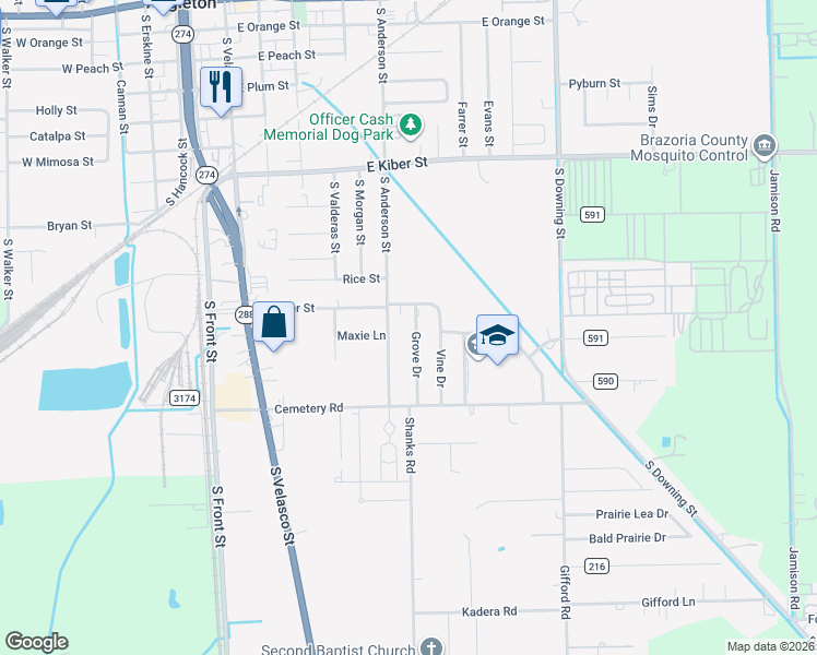 map of restaurants, bars, coffee shops, grocery stores, and more near 1029 Grove Drive in Angleton