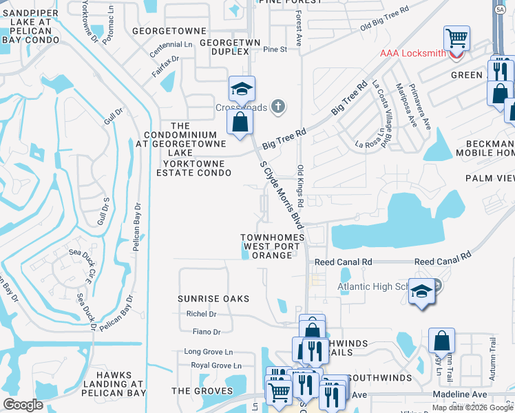 map of restaurants, bars, coffee shops, grocery stores, and more near 3527 Forest Branch Drive in Port Orange