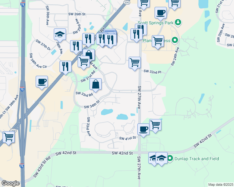map of restaurants, bars, coffee shops, grocery stores, and more near 3201 Southwest 34th Street in Ocala