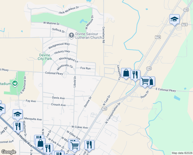map of restaurants, bars, coffee shops, grocery stores, and more near 291 West Colonial Parkway in Devine