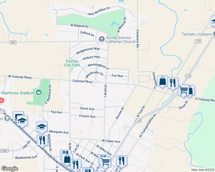 map of restaurants, bars, coffee shops, grocery stores, and more near 1402 Libold Drive in Devine