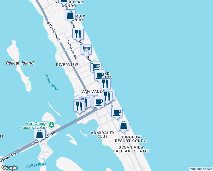 map of restaurants, bars, coffee shops, grocery stores, and more near 3343 South Atlantic Avenue in Daytona Beach