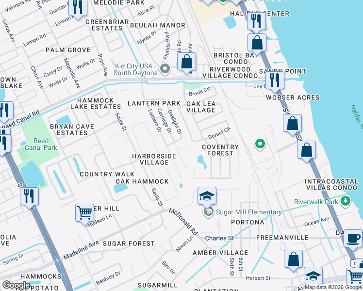 map of restaurants, bars, coffee shops, grocery stores, and more near 2945 Gaslight Drive in South Daytona
