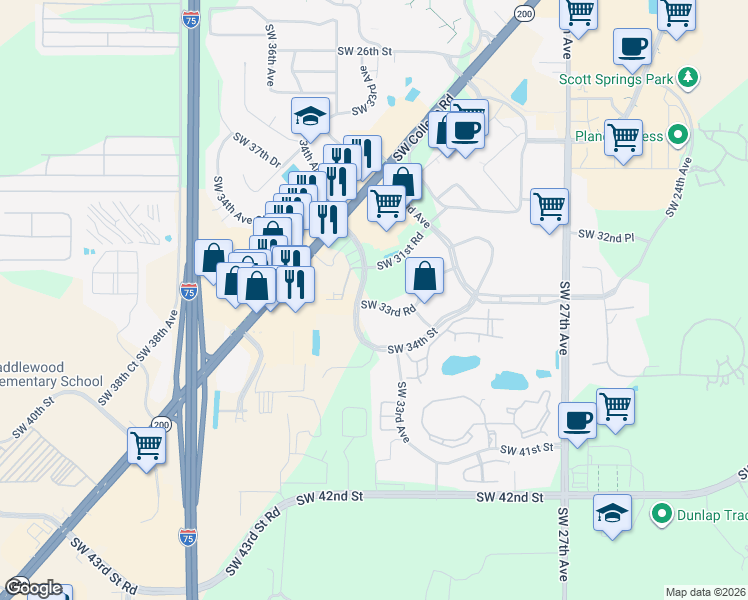 map of restaurants, bars, coffee shops, grocery stores, and more near 3231 Southwest 34th Avenue in Ocala