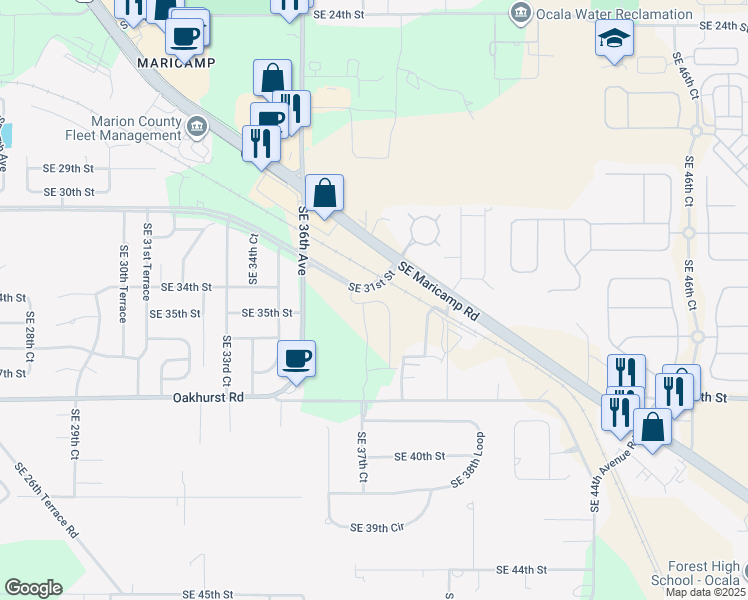 map of restaurants, bars, coffee shops, grocery stores, and more near Southeast 31st Street in Ocala