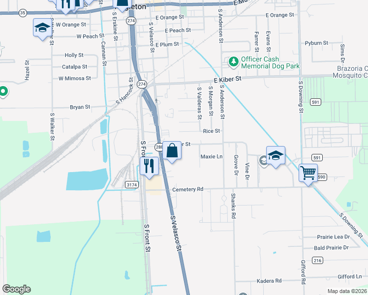 map of restaurants, bars, coffee shops, grocery stores, and more near 413 Dwyer Street in Angleton