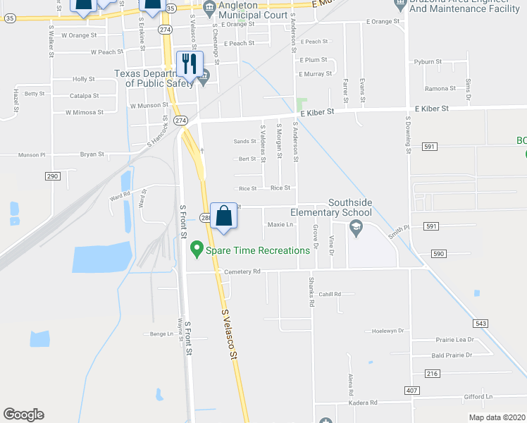 map of restaurants, bars, coffee shops, grocery stores, and more near 500 Dwyer Street in Angleton