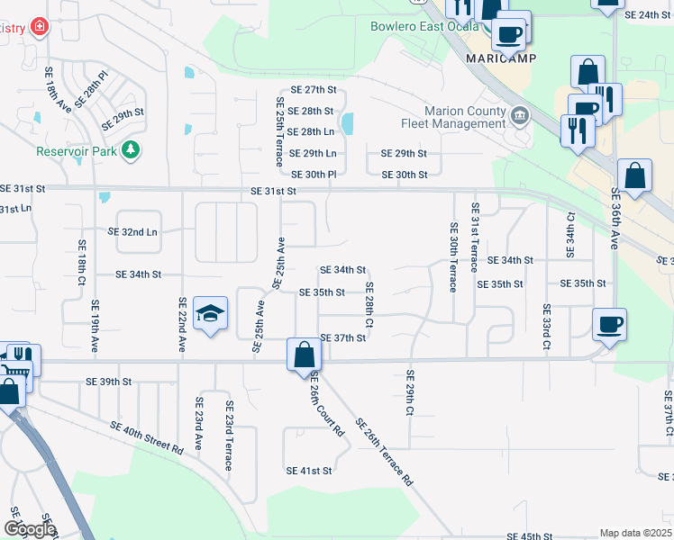 map of restaurants, bars, coffee shops, grocery stores, and more near 2715 Southeast 34th Street in Ocala