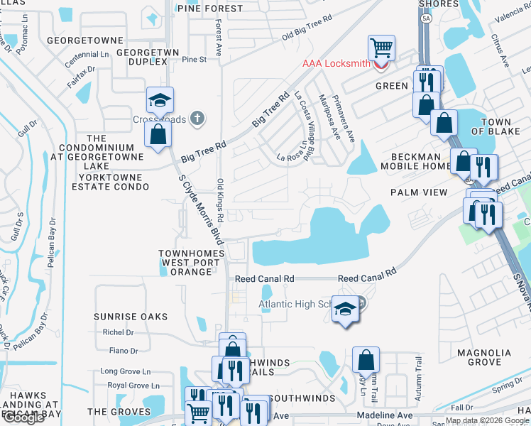 map of restaurants, bars, coffee shops, grocery stores, and more near 1252 Country Road in Port Orange