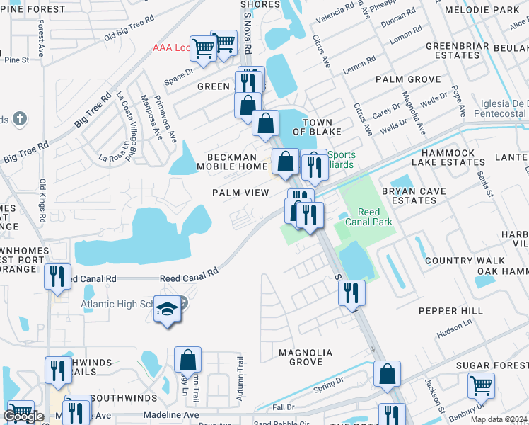 map of restaurants, bars, coffee shops, grocery stores, and more near 1080 Reed Canal Road in Daytona Beach