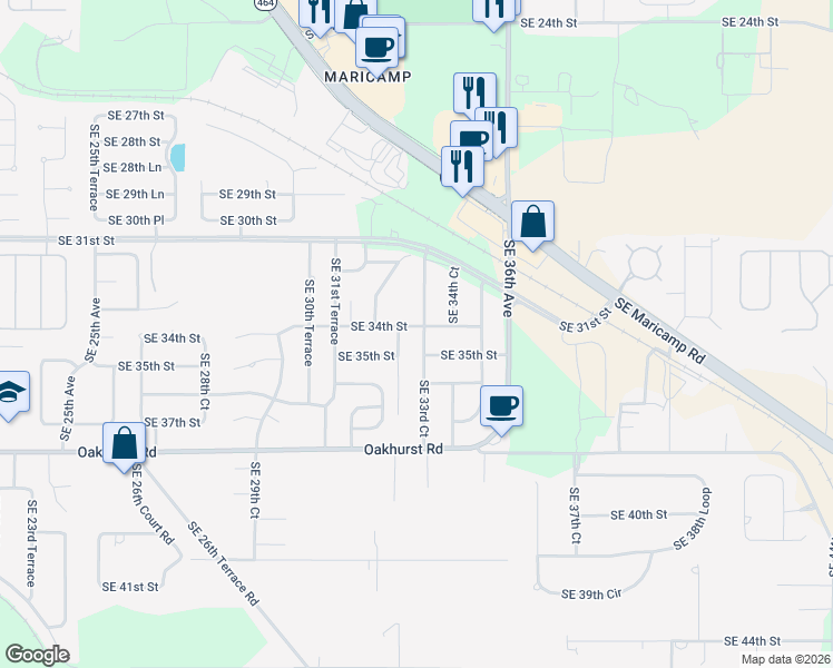map of restaurants, bars, coffee shops, grocery stores, and more near 3400 Southeast 33rd Court in Ocala