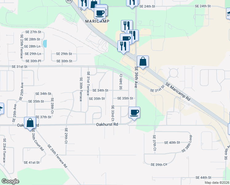 map of restaurants, bars, coffee shops, grocery stores, and more near 3400 Southeast 33rd Court in Ocala