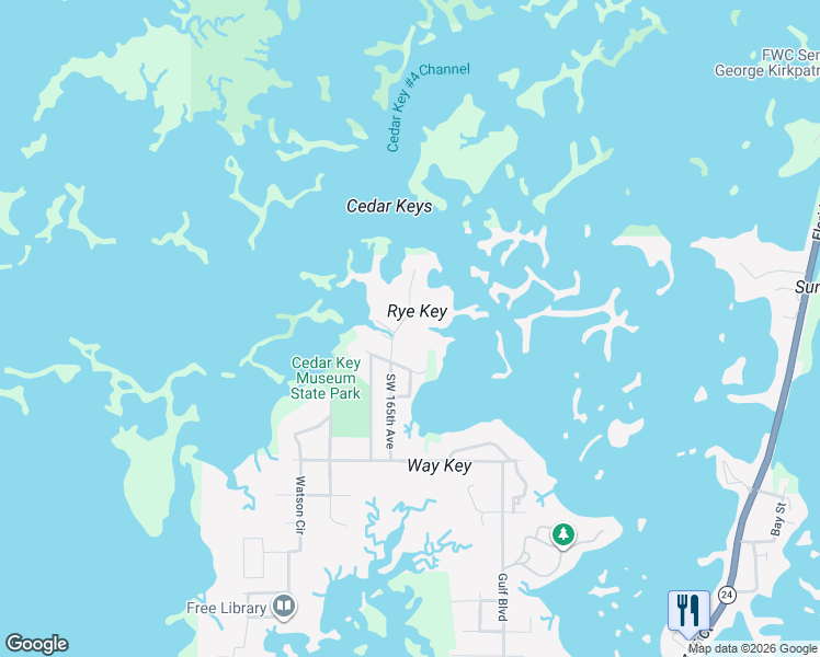 map of restaurants, bars, coffee shops, grocery stores, and more near in Cedar Key