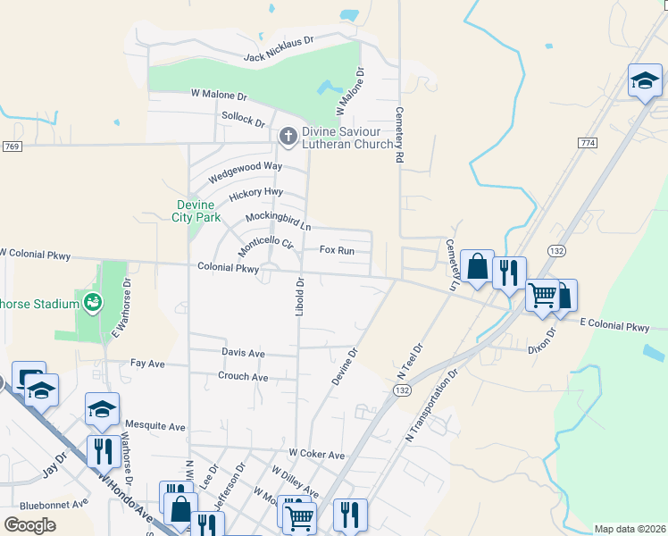 map of restaurants, bars, coffee shops, grocery stores, and more near 310 Colonial Parkway in Devine