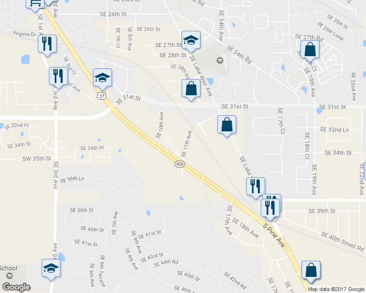 map of restaurants, bars, coffee shops, grocery stores, and more near 3400 Southeast 11th Avenue in Ocala