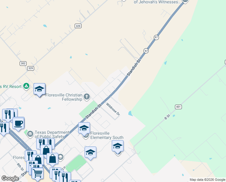 map of restaurants, bars, coffee shops, grocery stores, and more near 2057 Standish Street in Floresville