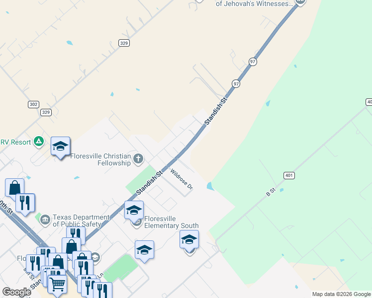 map of restaurants, bars, coffee shops, grocery stores, and more near 2057 Standish Street in Floresville