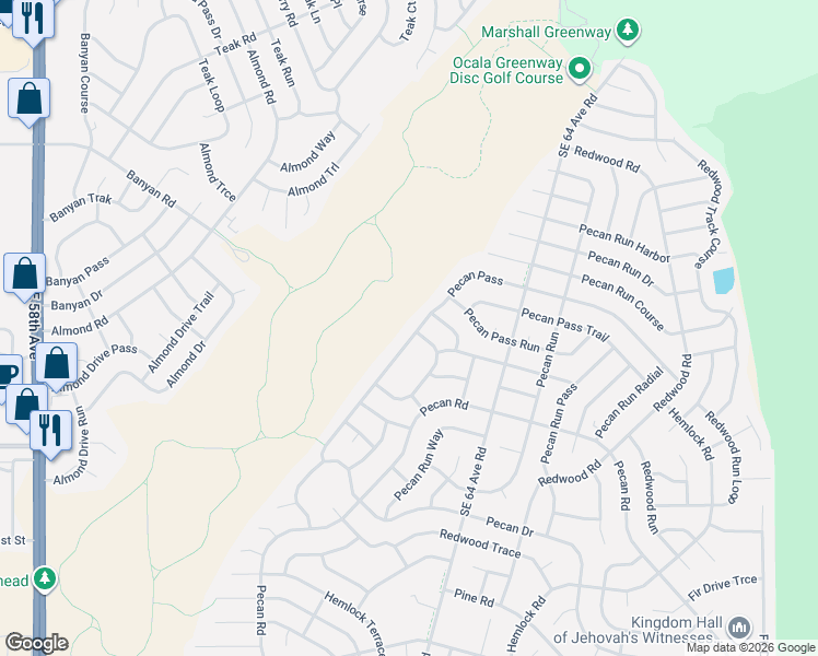 map of restaurants, bars, coffee shops, grocery stores, and more near 95 Pecan Pass in Ocala
