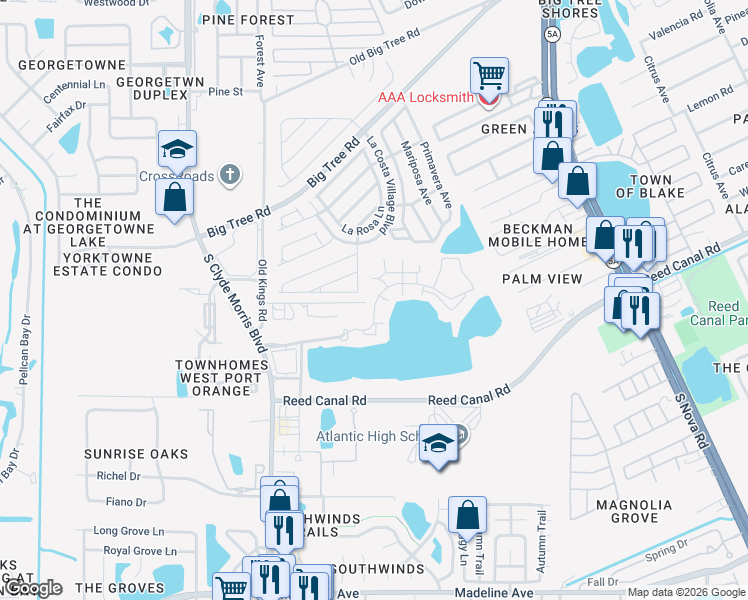 map of restaurants, bars, coffee shops, grocery stores, and more near 4 Floral Springs Boulevard in Port Orange