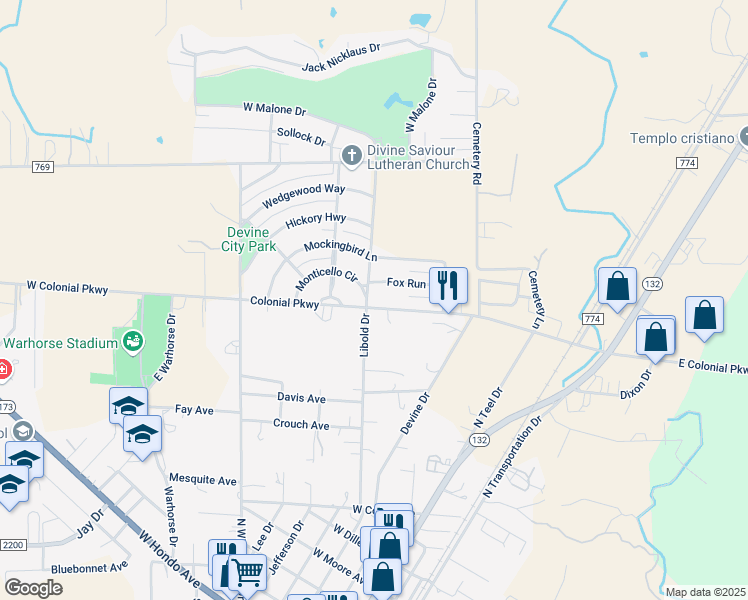 map of restaurants, bars, coffee shops, grocery stores, and more near 1402 Libold Drive in Devine