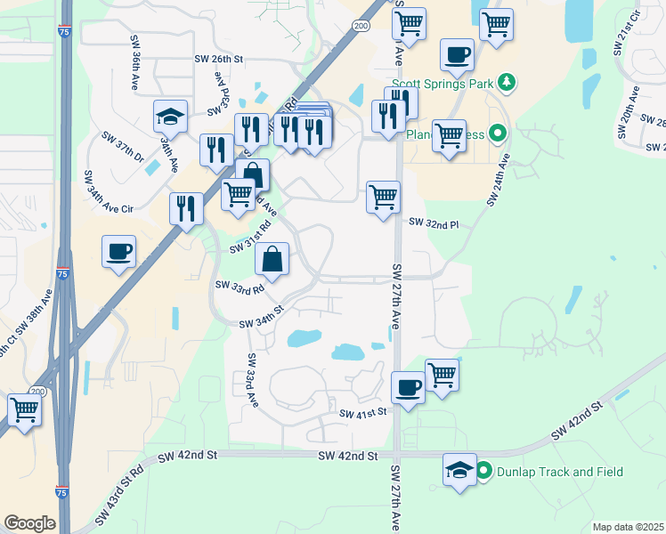map of restaurants, bars, coffee shops, grocery stores, and more near 3201 Southwest 34th Street in Ocala