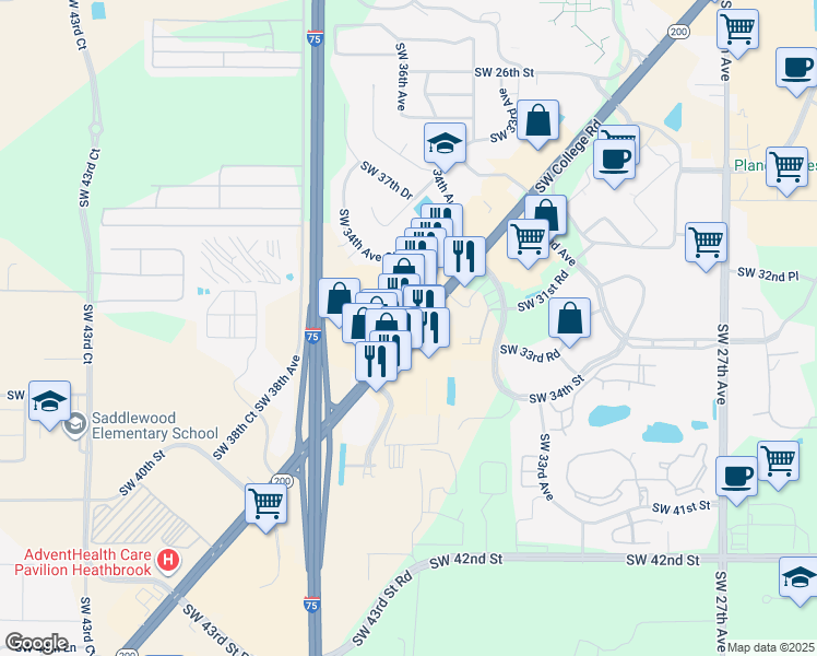 map of restaurants, bars, coffee shops, grocery stores, and more near 3535 SW College Rd in Ocala