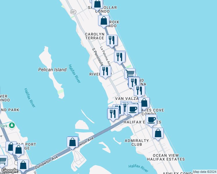 map of restaurants, bars, coffee shops, grocery stores, and more near 7 Talo Circle in Port Orange
