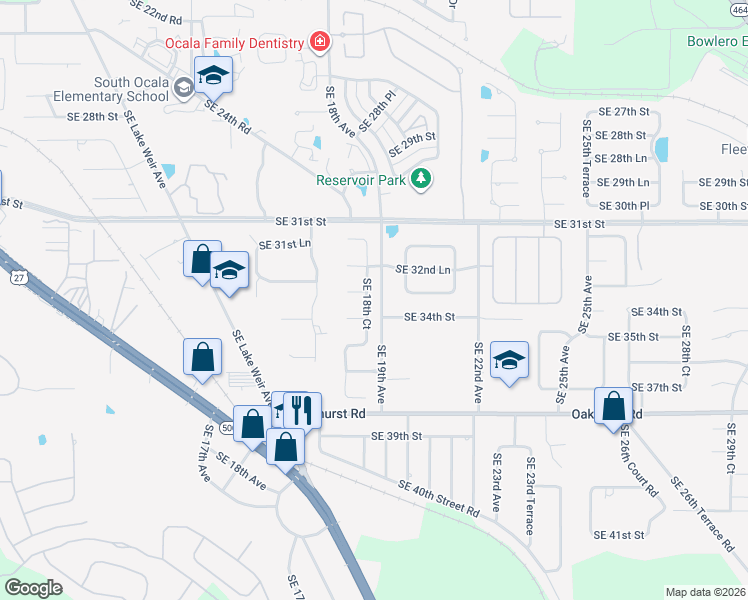 map of restaurants, bars, coffee shops, grocery stores, and more near 3365 Southeast 19th Avenue in Ocala