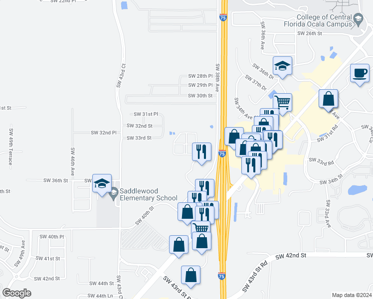 map of restaurants, bars, coffee shops, grocery stores, and more near 3585 Southwest 38th Avenue in Ocala