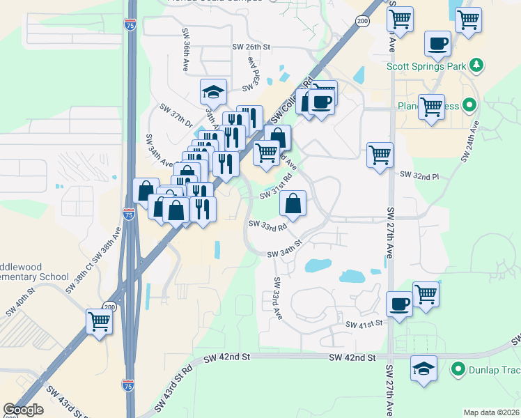 map of restaurants, bars, coffee shops, grocery stores, and more near 3231 Southwest 34th Avenue in Ocala